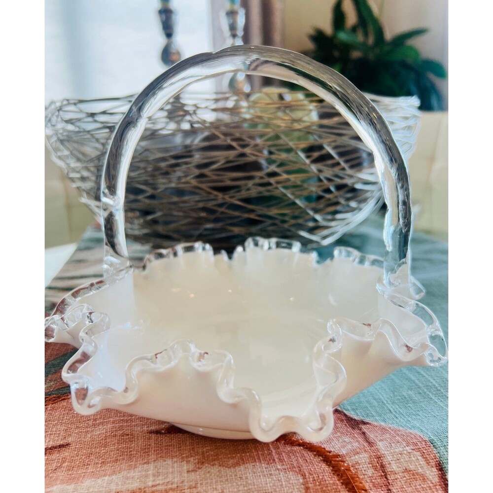 Vintage Fenton Silver Crest White Milk Glass Basket Clear Ruffled Edge
